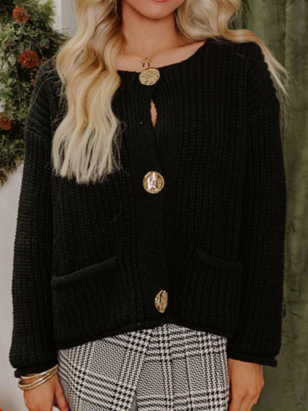 Black Knitted Cardigan with Gold Accent Buttons